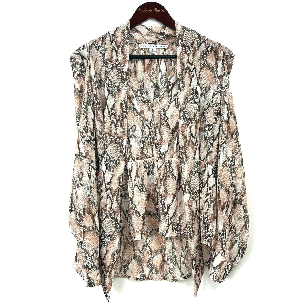 HYFVE Animal Snakeskin Blouse Women Sz L Sheer Classic Peplum Neck Tie 1222N2